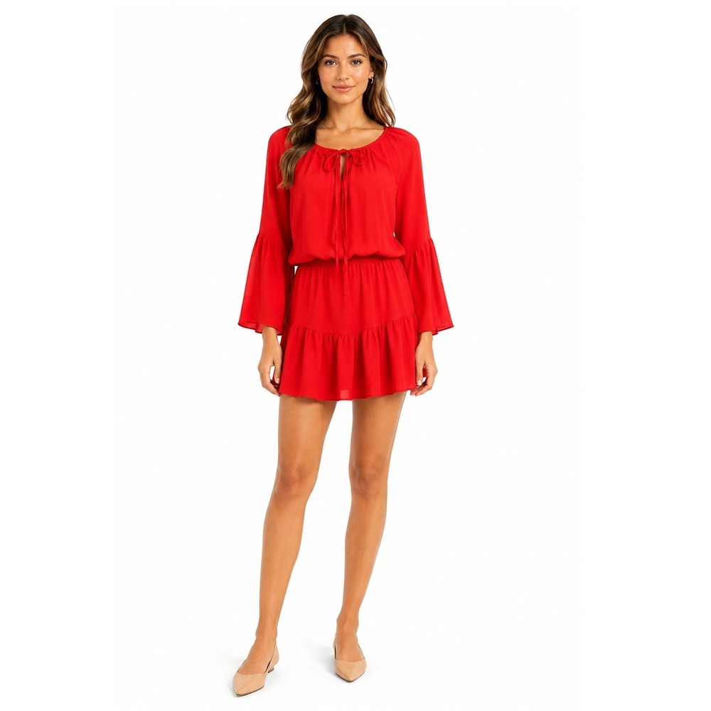 Revolve Amanda Uprichard Womens Red Tie Neck Long Bell Sleeve Romper Size XS NWT